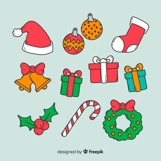 Colección de elementos navideños dibujados a mano