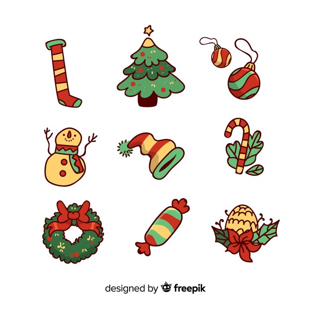 Colección de elementos navideños dibujados a mano