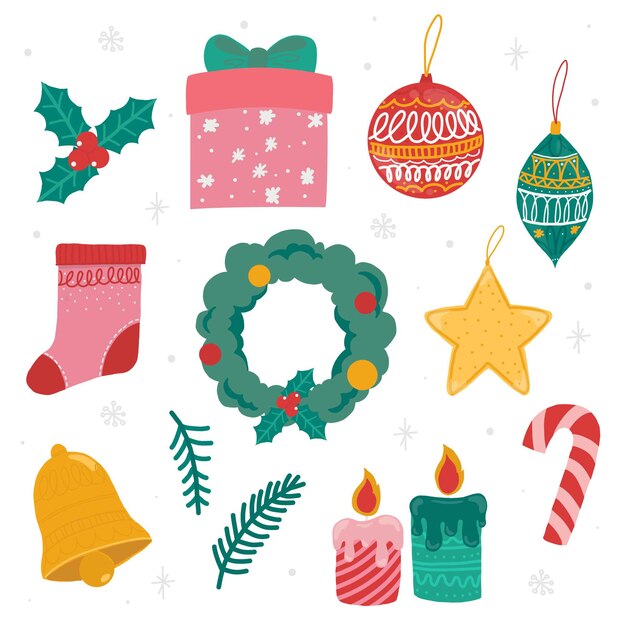 Colección de elementos navideños dibujados a mano