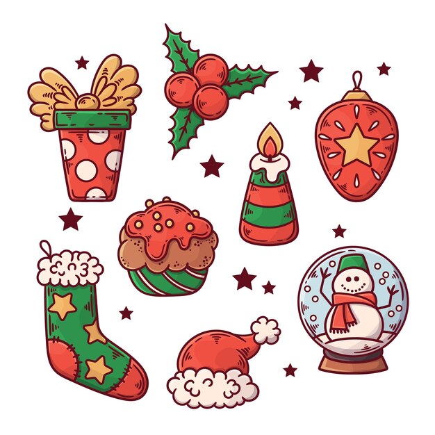 Colección de elementos navideños dibujados a mano