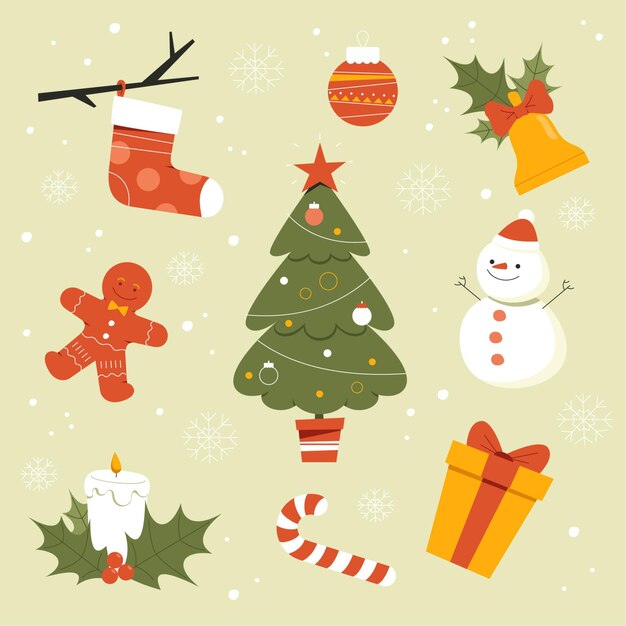 Colección de elementos navideños dibujados a mano