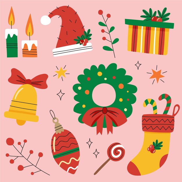 Colección de elementos navideños dibujados a mano