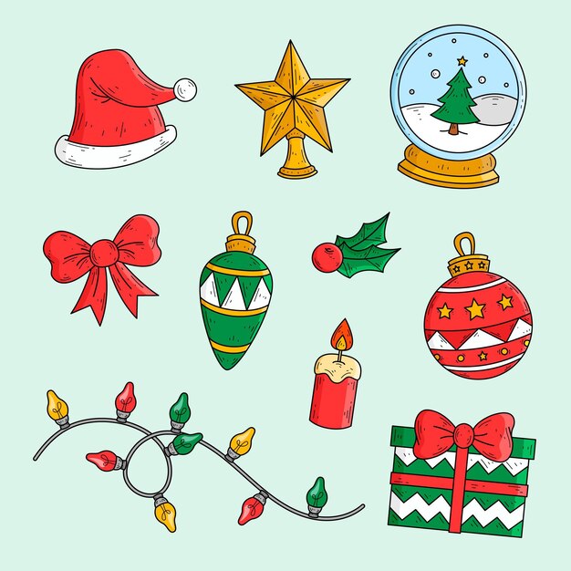 Colección de elementos navideños dibujados a mano