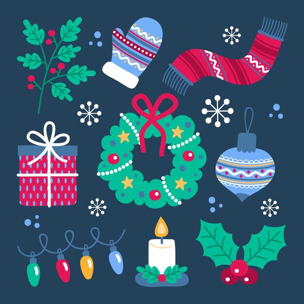 Colección de elementos navideños dibujados a mano