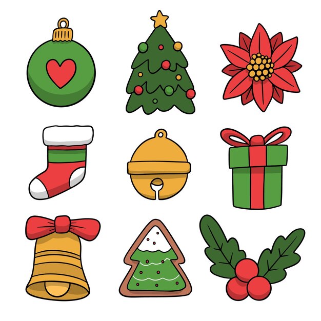 Colección de elementos navideños dibujados a mano