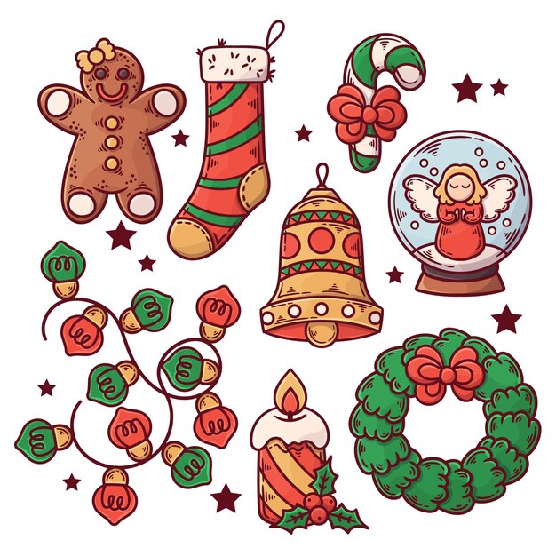 Colección de elementos navideños dibujados a mano