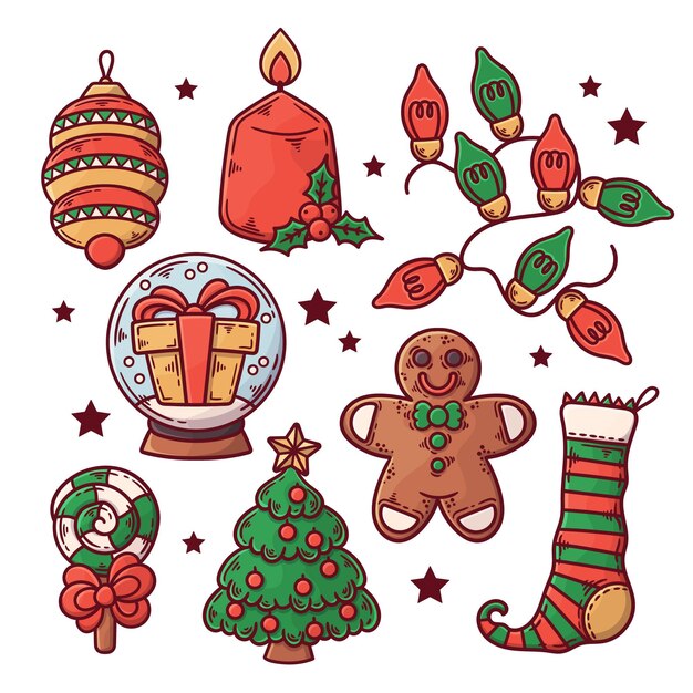 Colección de elementos navideños dibujados a mano