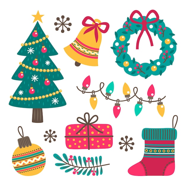 Colección de elementos navideños dibujados a mano