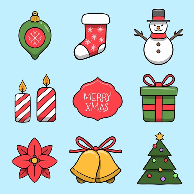 Colección de elementos navideños dibujados a mano