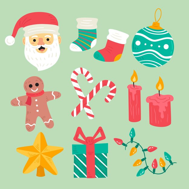 Colección de elementos navideños dibujados a mano