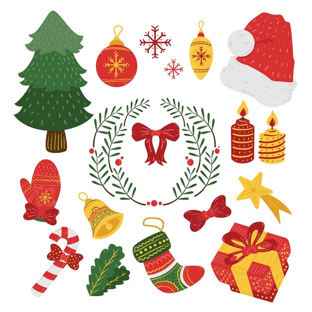 Colección de elementos navideños dibujados a mano