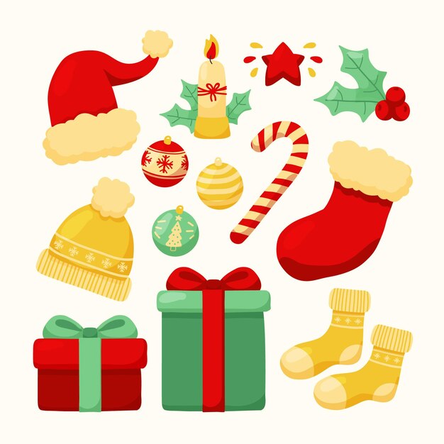 Colección de elementos navideños dibujados a mano