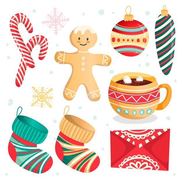 Colección de elementos navideños dibujados a mano
