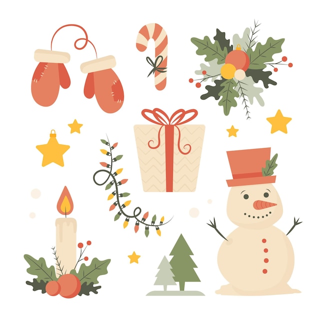 Colección de elementos navideños dibujados a mano