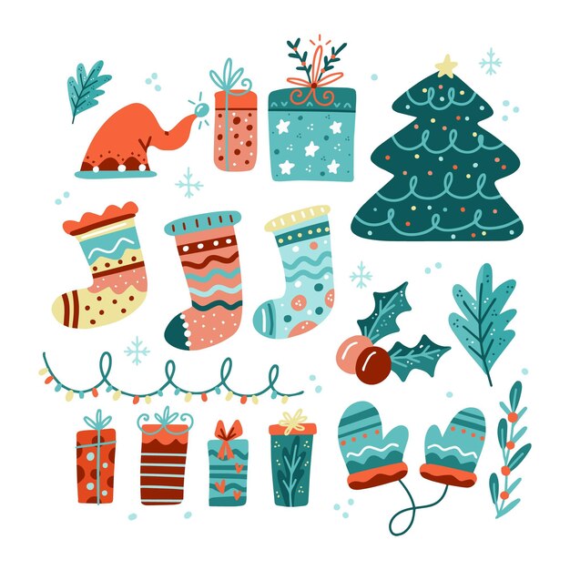 Colección de elementos navideños dibujados a mano
