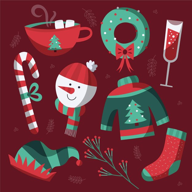 Colección de elementos navideños dibujados a mano