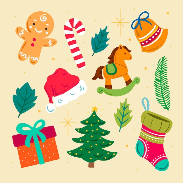 Colección elementos navideños dibujados a mano