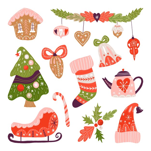 Colección elementos navideños dibujados a mano