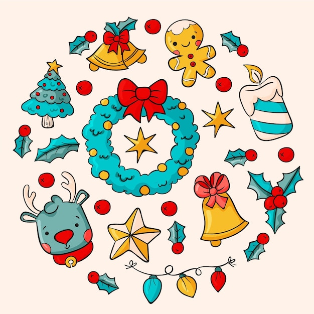 Colección elementos navideños dibujados a mano