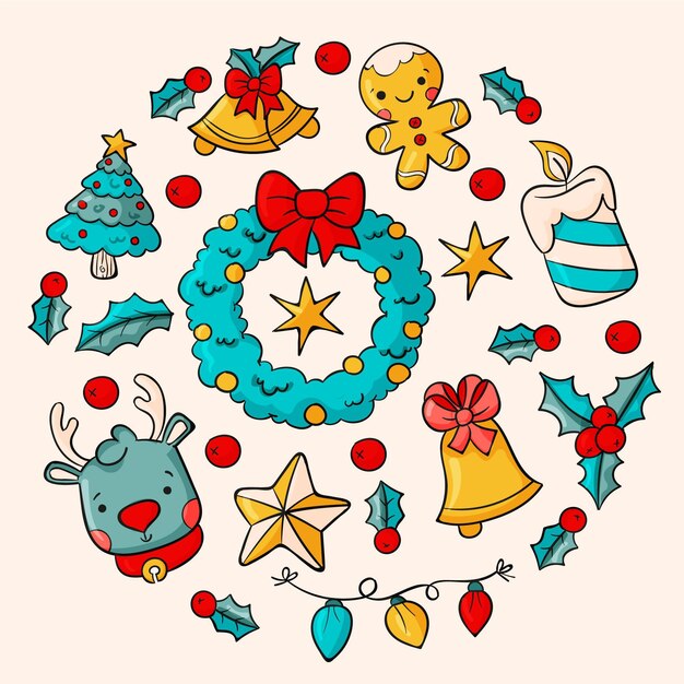 Colección elementos navideños dibujados a mano
