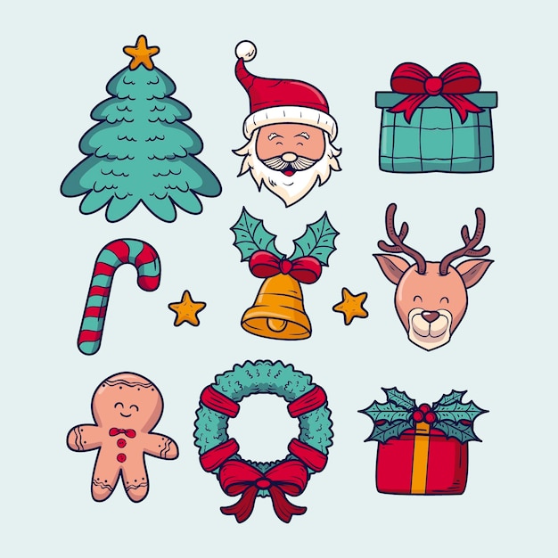 Colección elementos navideños dibujados a mano