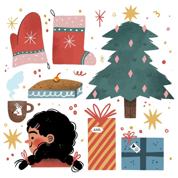 Colección elementos navideños dibujados a mano