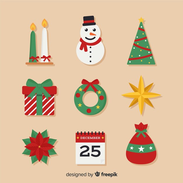 Colección de elementos navideños en diseño plano