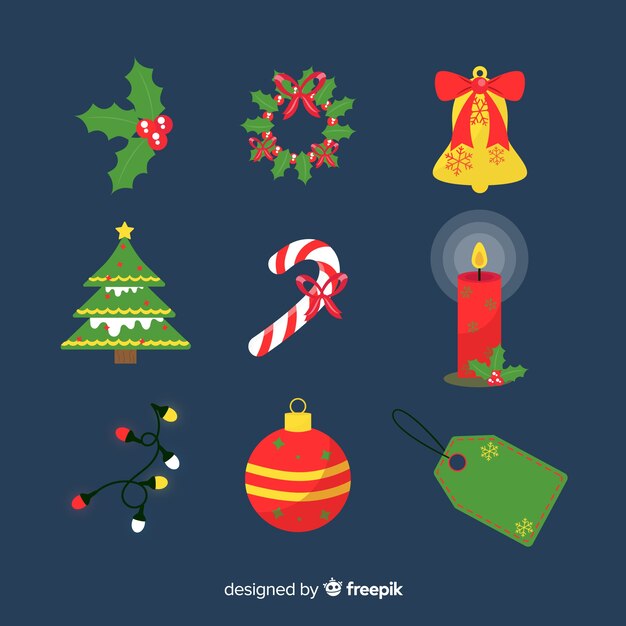 Colección de elementos navideños de diseño plano