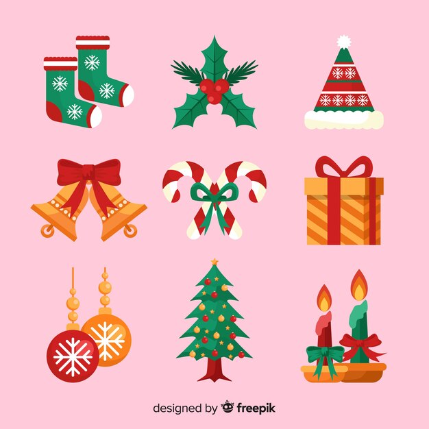 Colección de elementos navideños en diseño plano