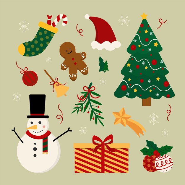 Colección de elementos navideños de diseño plano