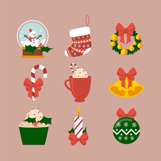 Colección de elementos navideños en diseño plano