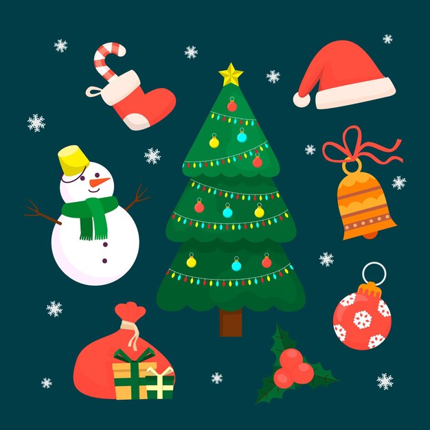 Colección de elementos navideños en diseño plano