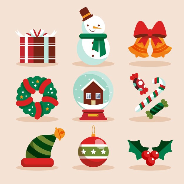 Colección de elementos navideños en diseño plano