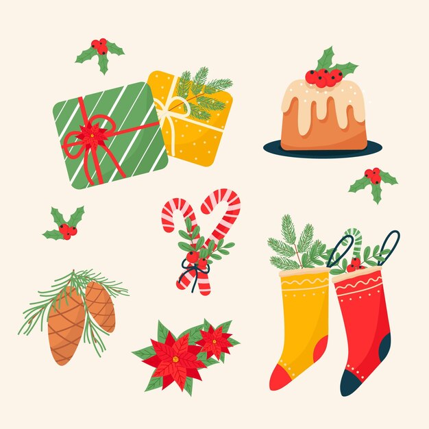 Colección de elementos navideños en diseño plano