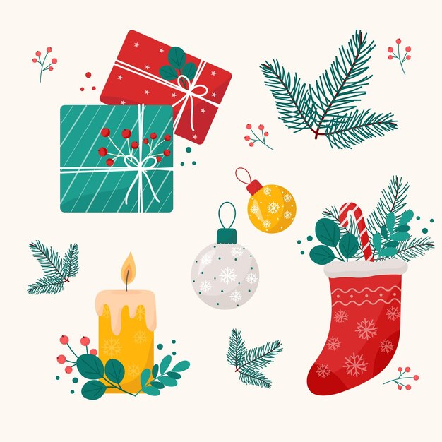 Colección de elementos navideños en diseño plano