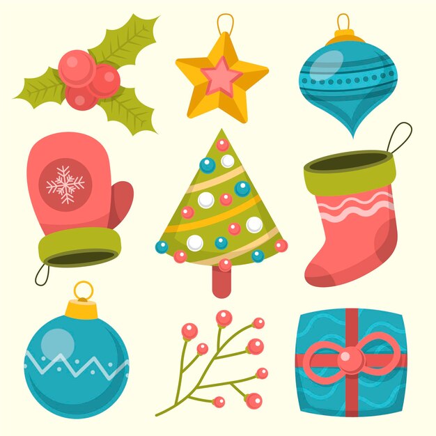 Colección de elementos navideños en diseño plano