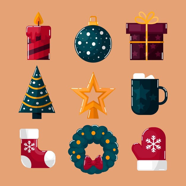 Colección de elementos navideños en diseño plano