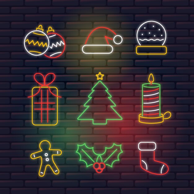 Colección de elementos navideños de neón