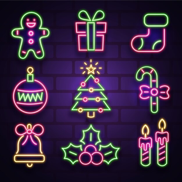 Colección de elementos navideños de neón