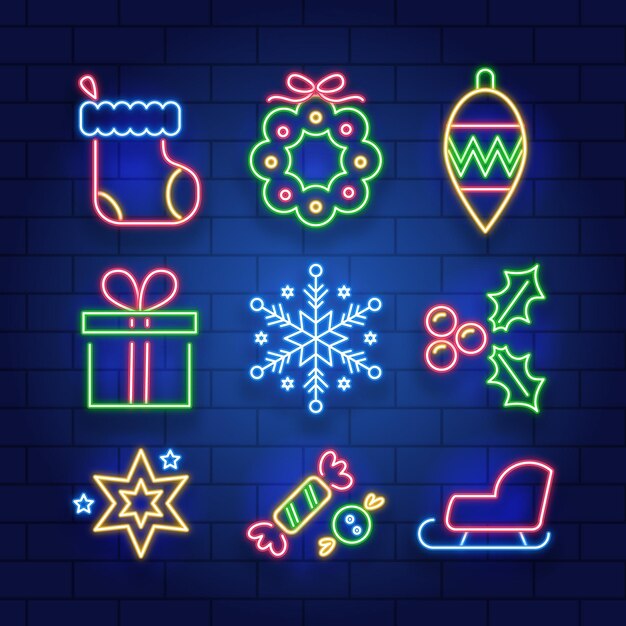 Colección de elementos navideños de neón