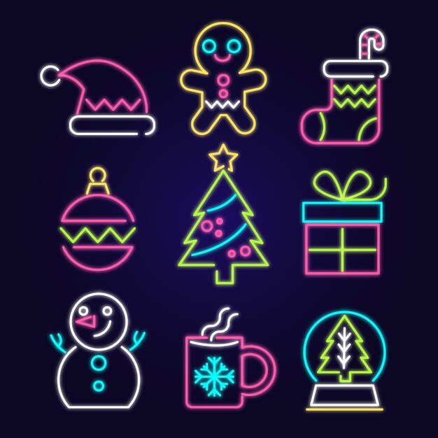 Colección de elementos navideños de neón