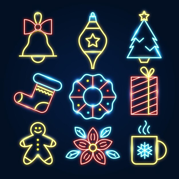 Colección de elementos navideños de neón