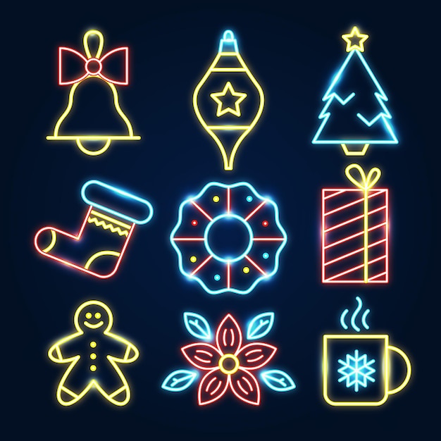 Colección de elementos navideños de neón