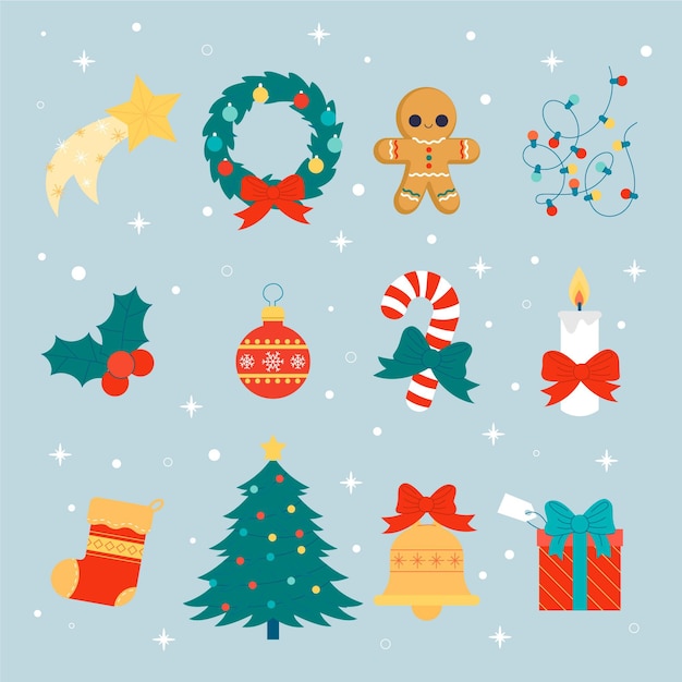 Colección elementos navideños planos dibujados a mano