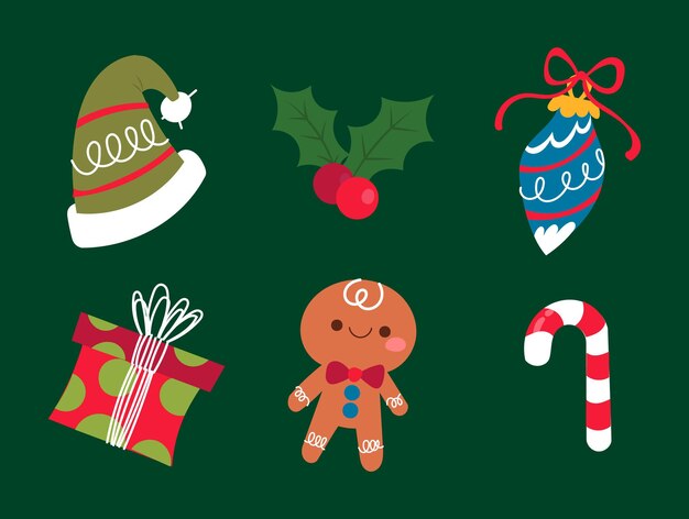 Colección elementos navideños planos dibujados a mano