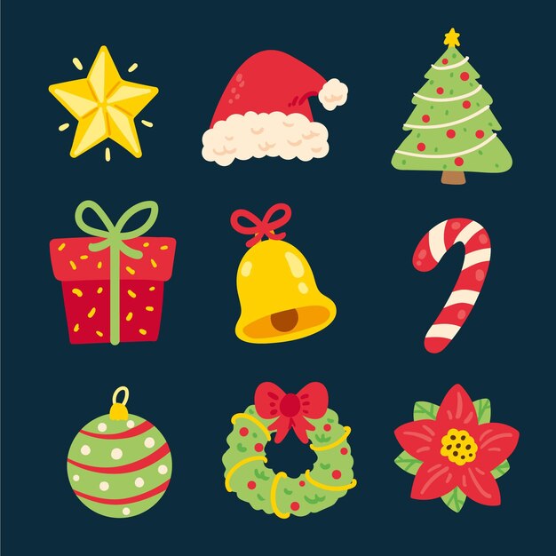 Colección elementos navideños planos dibujados a mano