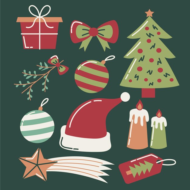 Colección elementos navideños planos dibujados a mano
