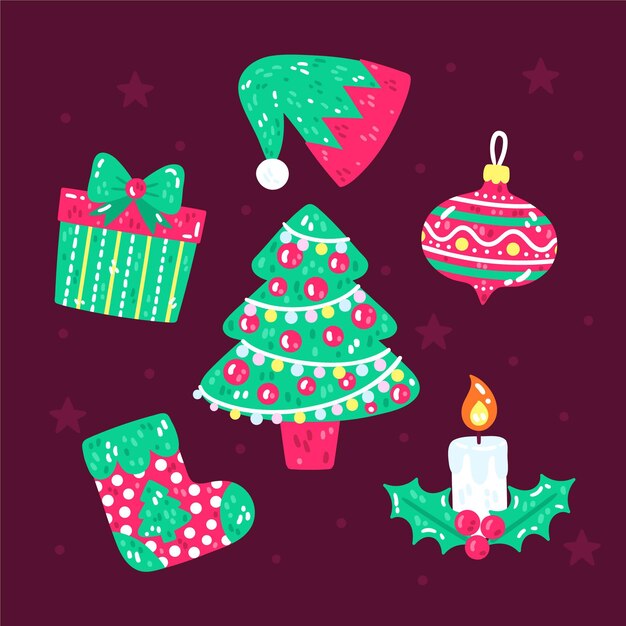 Colección elementos navideños planos dibujados a mano