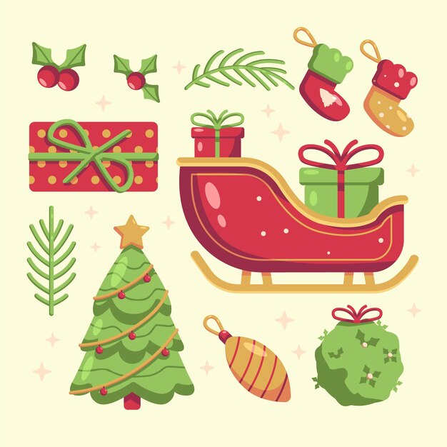 Colección elementos navideños planos dibujados a mano