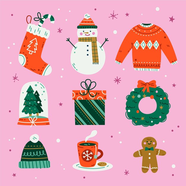 Colección elementos navideños planos dibujados a mano